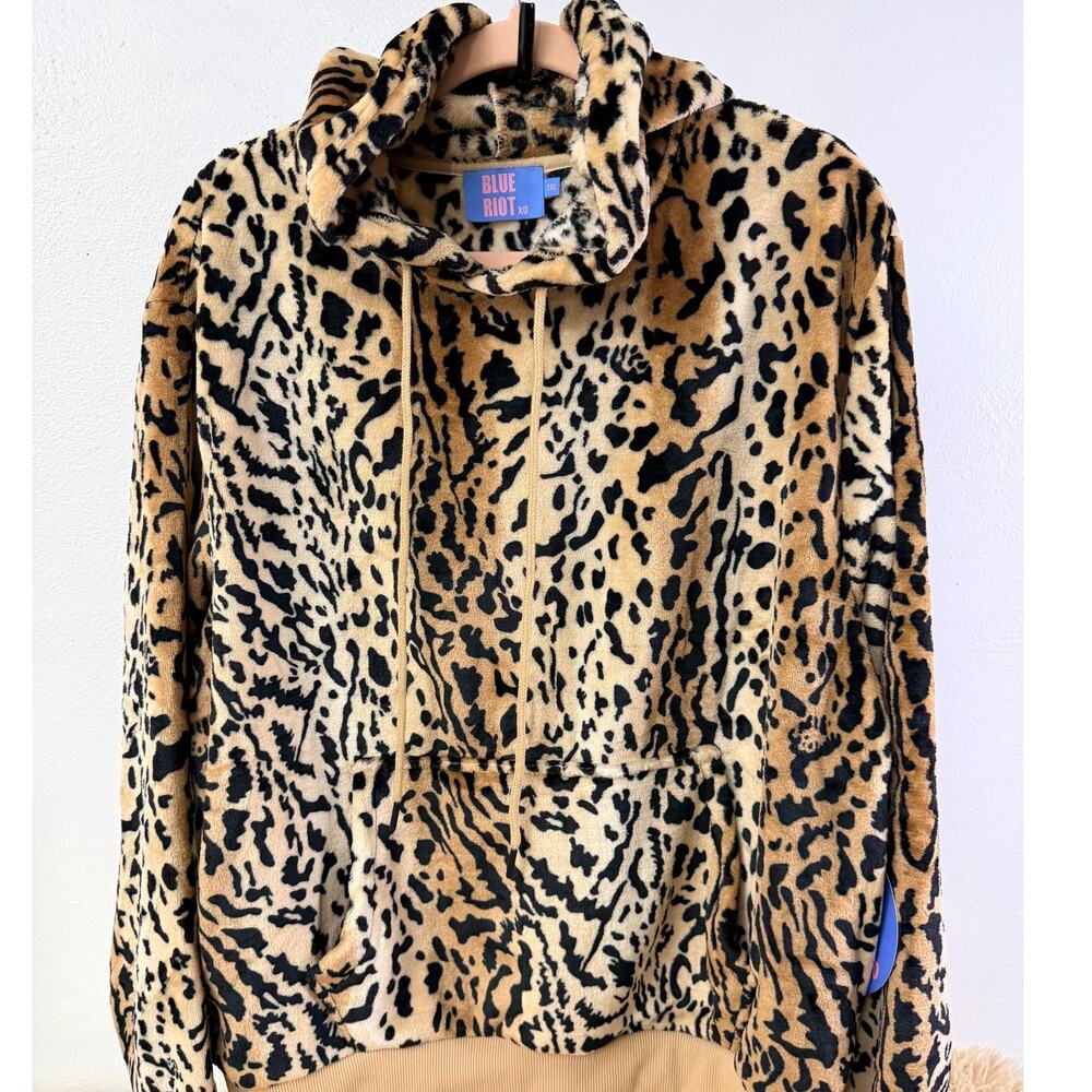 Blue Riot Leopard Plush Hoodie 1XL NWT Soft Fleece Pullover Hooded Sweatshirt